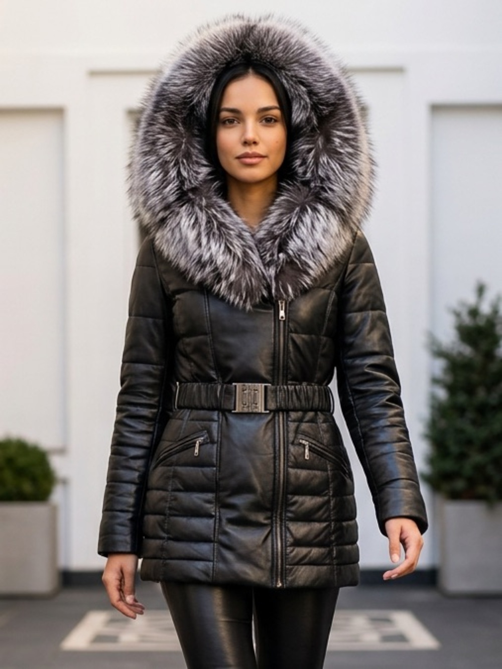 Diomi Luxury Black Quilted Leather Jacket Silver Fox Fur Trimmed Hood ~ X-Small